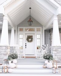 neutral fall front porch exterior white gray pumpkins decor farmhouse craftsman. Obsessed!!