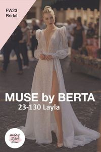 Backless A-Line Slit Wedding Dress / Wedding Gown with Open Back, Long Sleeves and a small Train. Fall Winter 2023 Bridal Collection "Pantheon" by Berta.