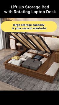 The hydraulic storage system under the mattress and three drawers are perfect for you to store comforters, sheets and off-season clothing,other essentials, etc. Bedside 360 degree rotating desk combines common nightstand's and side table's functions in one. It is an overbed desk, but also can be use as a computer table.