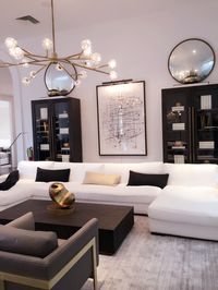 This demonstrates symmetry because there is a common theme on both sides of the room. The furniture is evenly distributed and there is a black and white theme with gold accents.