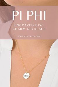 Shop this beautifully engraved Greek letter disc charm necklace at www.alistgreek.com! #discnecklace #charm #sororitynecklace #customgift #personalized #handmade #custom #sororityjewelry #necklace #greekletters #sororityletters #loveyourletters #bidday #graduaton #biglittlereveal #piphi #pibetaphi