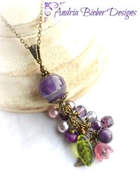 Purple flowers. Stone, Czech glass, lampwork glass, crystals, chain and bronze metal necklace.