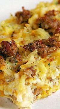 Sausage Hash Brown Breakfast Casserole - hash browns, sausage, eggs & cheese - can be made ahead of time and refrigerated until ready! Great for overnight guest and Christmas morning!