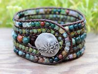 Indian Agate Beaded Leather Wide Cuff 5 Row by BearCreekCollection