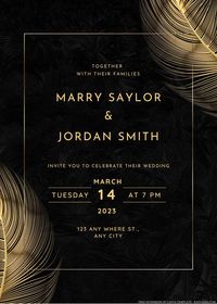 Free 18+ Gold Feather Canva Wedding Invitation Templates #free #freeinvitation2019 #birthday #disney #invitations #invitationtemplates