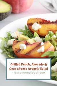 Sweet grilled peaches pair well with creamy avocado, tart goat cheese, and spicy arugula for a salad that satisfies all your tastebuds. Perfect for summer. #saladrecipes #avocado #peachrecipes #grilledpeaches #arugulasalad #goatcheese #peachrecipes #cookedpeaches #fruitsalad #vegetarianrecipe #goatcheeserecipes #goatcheesesalad #avocadosalad #arugularecipe #grilledpeachesrecipes #summersaladrecipes #balsamicsalad #peachsalad