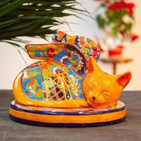 Orange Talavera-Style Ceramic Winged Cat Sculpture - Feline Angel | NOVICA