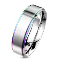 Rainbow IP Stepped Edges Brushed Finish Classic Band Ring This simple band has a polished look with an unexpected twist. Let light reflect on it and a rainbow of colors will instantly bounce against the surface. The IP plated ring features step edges and a comfortable fit, making it easy to wear all day long. Its brushed finish gives it a quietly elegant look, making it a versatile accessory that will complement any outfit. FREE Engraving 1 side of the ring up to 30 characters