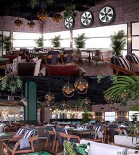 In addition to the leaf pattern on the wall coverings and cushions, the plants inside the cafe also add a green touch to the design. The pendant lighting selection is also very compatible with the design. | Duvar kaplamalarında ve kırlentlerdeki yaprak deseninin yanı sıra cafenin içindeki bitkiler de tasarıma yeşil dokunuş sağlıyor. Sarkıt aydınlatma seçimi de tasarımla oldukça uyumlu. #cafedecoration #cafedesign #restaurantdesign #restorantasarımı #cafetasarımı #cafedekorasyonu #cafelighting