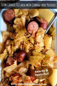 This recipe for Slow Cooker Kielbasa with Cabbage and Potatoes is hearty and delicious. Cabbage, kielbasa, and chunks of potatoes cooked low and slow in broth until everything is tender and flavorful