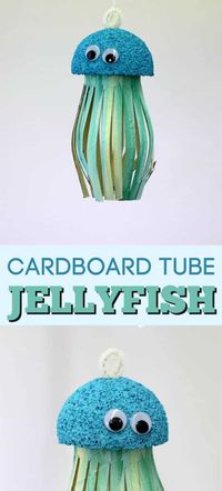 Turn an ordinary cardboard roll into this adorable cardboard tube jellyfish! A fun ocean themed kid's craft that's perfect for summer. #cardboardtube #cardboardtubecrafts #cardboardtubeprojects #kidscrafts #jellyfishcraft #beachcrafts #craftsbyamanda