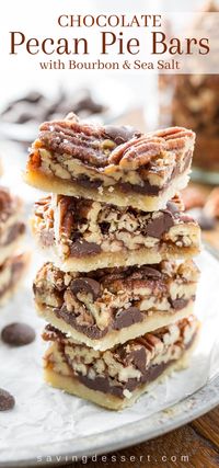 Chocolate Pecan Pie Bars with Bourbon & Sea Salt ~ a delicious and super nutty take on one of our favorite holiday pies! More toasty nuts and less filling than the pecan pies we all love, these bars are much easier to make too. #savingroomfordessert #pecanpie #pecanpiebars #pecanbars #chocolatepecan #dessert #holidaybaking #piebars #chocolatepecanpie #holidaypie #holidayrecipe #holidaydessert