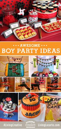 Party ideas for boys! Cake, free party printables, games and fun food ideas for Ninja, Minecraft, Spy, Football, Police and Nerf Gun party themes. #LivingCreative Thursday Feature on LivingLocurto.com