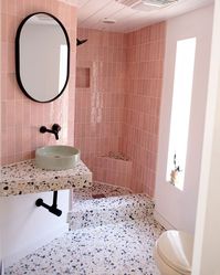 this bathroom is what dreams are made of 💕 // ft. our Alabaster mixed chip Venice tile + vanity in @DylanOdbert beautiful bathroom.