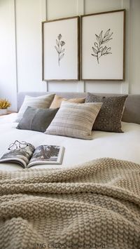 To achieve a modern famhouse bedroom, try mixing cozy neutral pillows with simple floral art above the bed for a calming decor appeal.