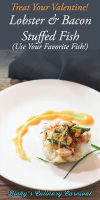 Lobster, Bacon and Horseradish Stuffed Grouper! Perfect for Date night and Valentines Day, or anytime you just want to impress! Use any white fish that you like! #grouper #haddock #flounder #whitefish #seafood #datenightdinner #valentinesdinner #valentines #valentinesday #recipes #dinnerrecipes #dinner #dinnerideas #binkysculinarycarnival via @binkysculinarycarnival
