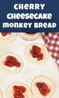 Cherry Cheesecake Bombs also called Cherry Monkey Bread. They are pieces of bread dough filled with cream cheese filling and cherry pie filliing. They're easy to make and are the perfect breakfast or dessert recipe. Make homemade sweet dough recipe or use Rhodes frozen dough. #Monkeybread #pullapartbread