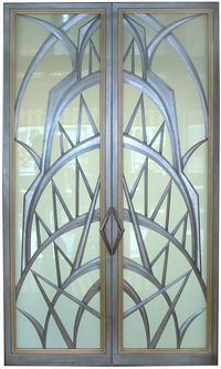 Art Deco style glass doors, created by Eric David Laxman for a penthouse apartment in New York City with spectacular views of Manhattan, including the Chrysler Building. architecture, design