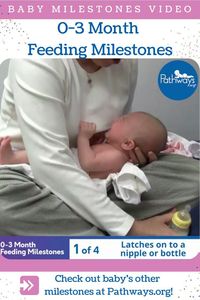 Newborns typically feed around 6 times per day, and drink 2 to 6 ounces of liquid per feeding. Watch to see the other feeding milestones your baby should reach by 3 months! #babydevelopment #milestones #babymilestones #breastfeeding #babyformula #babyhealth #babynutrition #infantdevelopment #babymilk