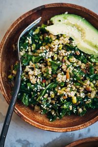 Healthy Brown Rice Salad w/ Kale + Sesame Seeds | Well and Full