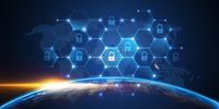 Information security of the earth network The earth, blue, safe, lock, light, bright, information, network, intelligence, science and technology, science and technology background, modern, science fiction, wisdom, inspiration, development, artificial intelligence, Internet, data, technology, network security technology, blue backg