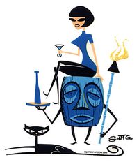 Tiki by Shag ~ Mid Century Modern Art black cat and tiki torches