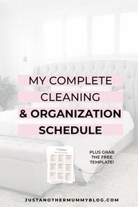 Whether you're a stay at home mom or a working mom, cleaning your house is a HUGE task. The best way to clean and organize your home consistently is by keeping a schedule. Click here to check out my weekly cleaning schedule plus grab the free template! #cleaning #organization #moms | justanothermummyblog.com