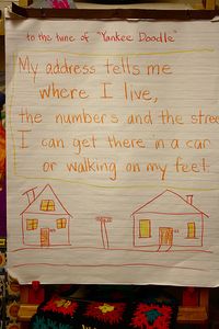 "address" song to the tune of "yankee doodle"- My address tells me where I live/ the numbers and the street/ I can get there in a car/ or walking on my feet.
