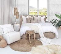 Our 100% linen slip cover Zulu Upholstered Bed, Sodwana Stool, Primitive Pendant Lights and Sheeprug all come together to create this unique bedroom space. Photography: Uniqwa Furniture