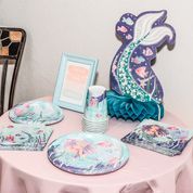 Make a splash at your mermaid party with Party City's Wishful Mermaid line! Shell-a-brate with this mermaid themed tablescape and mermaid centerpiece.