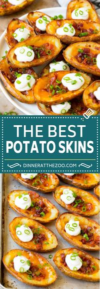 This recipe for potato skins is Russet potato halves topped with cheese and bacon, then baked to crispy perfection and finished with sour cream and green onions. A classic appetizer that's easy to make and always a crowd pleaser!