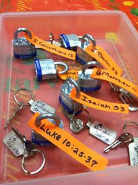 Bible Drill Key Passage Locks and Keys. Lock has reference and key has title. Must use the correct key to unlock. (Minute to win it style Family Worship night coming right up!!!!! This would be fun--Misty)