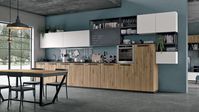 Natural aged oak with parquet effect | Matt absolute white | Aluminium with oxidized urban finish black slate laminate panel | Doors and bookcase: matt bistro | Worktop: Fenix laminate | Plinth: black