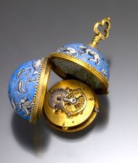 Antique Gold Enameled Zodiac Signs Ball Pendant Watch w/Stand, Astronomy C. 1810
