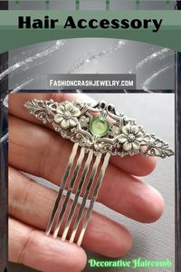 This Silver Floral Hair Comb makes a lovely hair accessory for beautiful hair styles. This decorative haircomb has a nice light green crystal center with an array of beautiful flowers. It is great for special occasions like weddings, but can also be great for everyday wear.