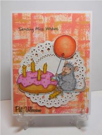 Mice Wishes by pvilbaum - at Splitcoaststampers - 6/17/19. (Pin#1: Inking/ Water-base: Inkpad to Paper BG. Pin+: Doilies; Animals: Forest/ Prarie...Mice; Cake...).