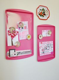 I keep seeing these everywhere and they are so cute! Cookie sheet magnetic boards! Would go great (painted differently) in Bobby's room to display his art!