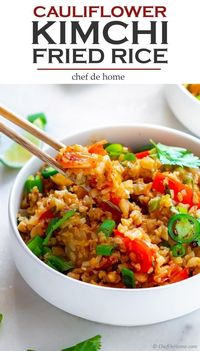 Kimchi Fried Rice, quintessential Korean fried rice recipe, where rice (low carb cauliflower rice) are pan fried with Korean Kimchi, seasoning and veggies. This recipe is not traditional Fried Rice but a low carb version of the Korean favorite. #glutenfree #cauliflower #rice #kimchi #fried #rice #recipe #vegan #spicyfood #healthyrecipes #plantbaseddiet #keto #lowcarb #diet #vegetarian