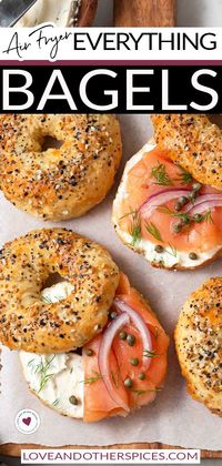 These easy Air Fryer Everything Bagels are made in just 15 minutes with Greek yogurt and no yeast. They're healthy and better than store-bought. Soft, chewy, and served with herbed cream cheese and smoked salmon, they're absolutely delicious! Brunch got even better with these 15 minute Air fryer Everything bagels. They're soft, chewy, and taste fantastic with herbed cream cheese and smoked salmon. | @loveandotherspices