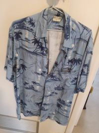 A more subdued design, here we see my oldest one purchased here in Melbourne, Australia, in 2015, of a true Hawaiian shirt with various shades of Blue for palm trees, islands, the sea and the skies.