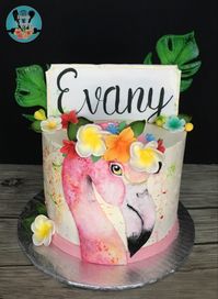 Gâteau tropical avec flamant rose et fleurs. Flamant peint à la main. / Tropical cake with flamingo and flowers. Handpainted flamingo.
