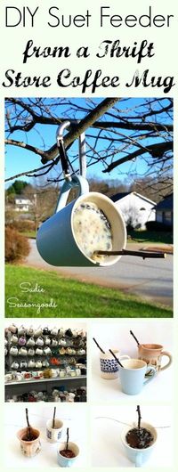 Create a simple, effective suet bird feeder for your yard this winter by repurposing a thrift store coffee mug. Simply melt the suet (beef fat and seed mixture), pour into the mug, and add a stick for a perch. Hang from a tree and watch the birds enjoy it all winter long...this is a great DIY project to have the kids help with then they're bored! Fun, easy, wonderful thrift store upcycle and repurpose craft project from #SadieSeasongoods / www.sadieseasongoods.com