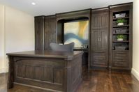 Home office in Portola Valley home. Custom Cabinetry. Dark Walnut. #office #homeoffice #interiordesign #customcabinetry #homeofficeideas