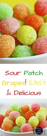 Sour Patch Grapes are my new go to for my sour candy fix! With only two ingredients, these candied grapes come together in seconds and taste like you threw deliciously tart green grapes into the machines at the Sour Patch Candy factory!