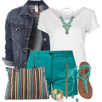 Denim Jacket and Teal Shorts