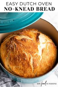 Easy Dutch Oven No Knead Bread recipe is made with only 4 ingredients and takes 5 minutes of prep time! If you want to make delicious homemade bread that looks & tastes like it came from a fancy bakery but actually takes very little effort, this dutch oven bread recipe is for you!