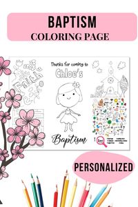 Adorable baptism personalized favor for your event. Personalize with choice of character and name and event type. #Baptismfavor #Christeningfavor #Baptismcoloringplacemat #Baptismactivities #Baptismcoloringpage