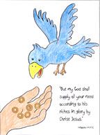 Children color the picture of Elijah and the Raven and then glue food (dry cereal) to the hand and the raven's beak. Just make sure you bring enough cereal for both the picture and your children!