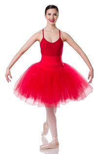 Multiple layers of tulle attached to a spandex panty with an extra wide, adjustable, elasticized waistband. Colors: C916 White ; C917 Red ; C919 Ivory ; #dancecostumes #dance #dancecompetition #artstonethecompetitor #ballet #skirt #balletdance
