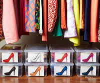 Want to take a visual inventory of stored supplies and wardrobe essentials? Equip closet shelves with see-through plastic containers, sweater boxes, stacking bins, and drawer units. Use them to hold crafting materials, hair accessories, office supplies, shoes, and other objects that you use regularly.